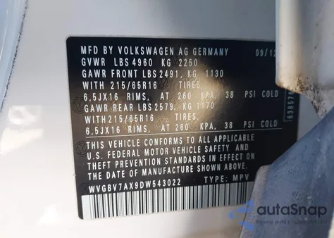 2013 Volkswagen Tiguan S z USA, uszkodzony, nr VIN WVGBV7AX9DW543022